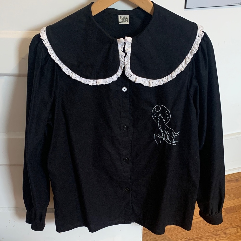 Handmade Black Organic Cotton Frill Collar Blouse with Embroidery